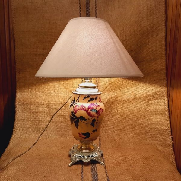 Lampe à Pétrôle électrifiée,Faïence et Bronze, Motif de Fleurs,Tons Brique