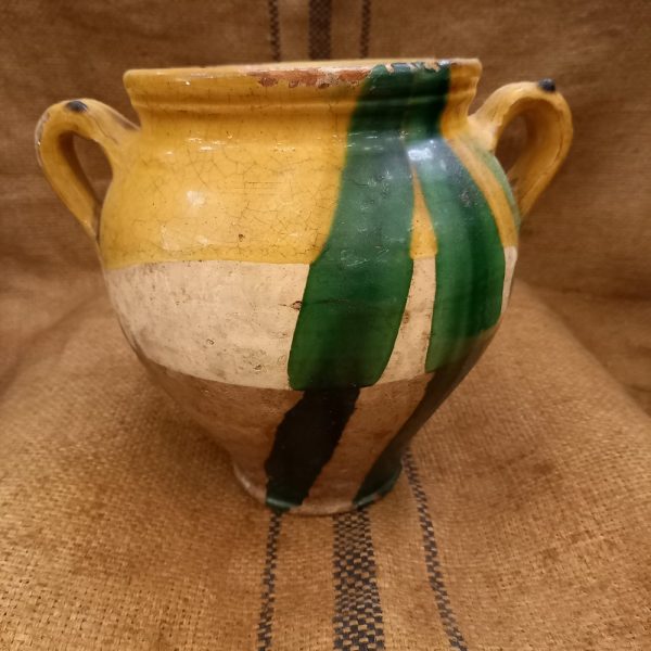 Pot à Graisse ancien, Terre cuite vernissée jaune et vert, Façon terre mélée