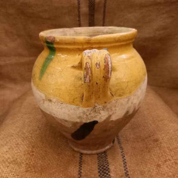 Pot à Graisse ancien, Terre cuite vernissée jaune et vert, Façon terre mélée