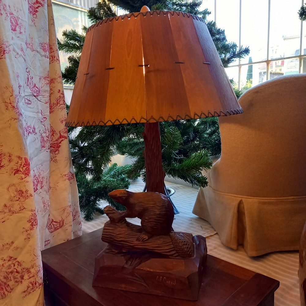 Lampe Marmotte en bois Signée Caron