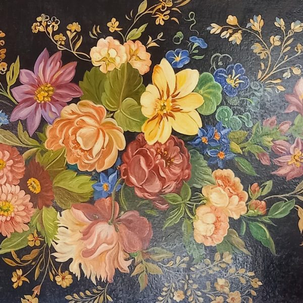 Grand Plateau en tôle peinte Epoque Napoléon III Bouquet de fleurs sur Fond noir