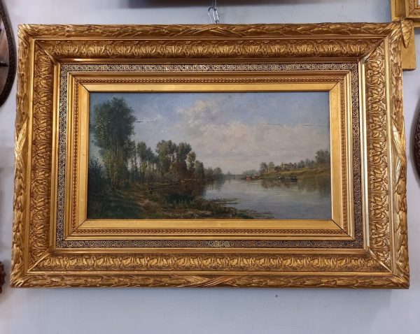 Paysage de Rivière avec Pêcheur Huile sur panneau signé P.Drant époque XIXè Beau cadre doré ancien