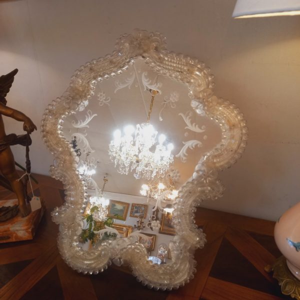 Miroir Psychée en verre de Murano, Fleurs blanches A poser ou à suspendre