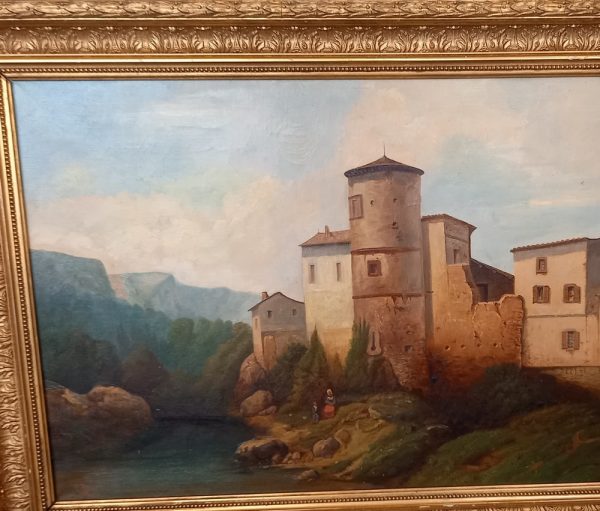 Huile sur toile Signée Burdin 1891, Paysage animé,Château,Rivière