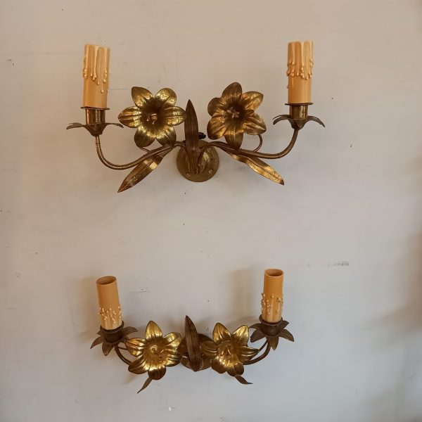 Paire d'Appliques métal doré Branchages fleuris