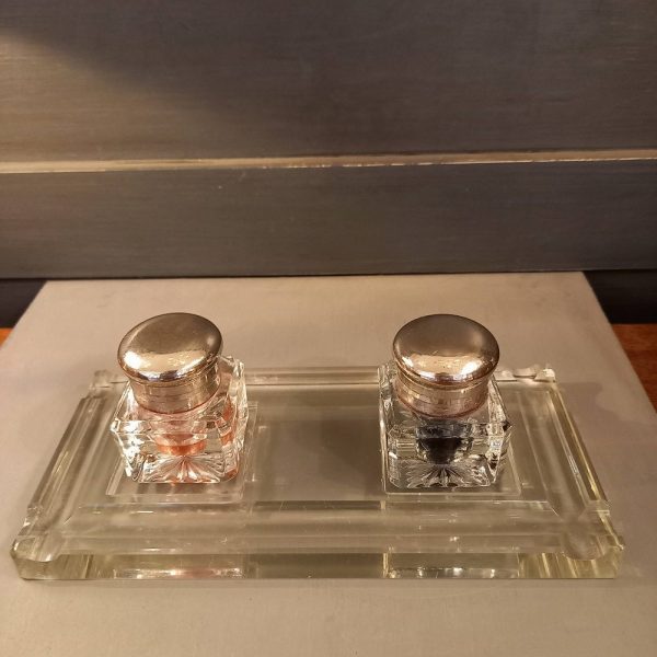Double Encrier en Cristal Taillé Bague et capuchon, métal chromé
