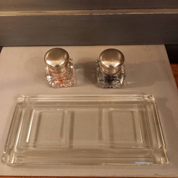 Double Encrier en Cristal Taillé Bague et capuchon, métal chromé