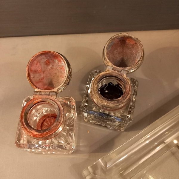 Double Encrier en Cristal Taillé Bague et capuchon, métal chromé