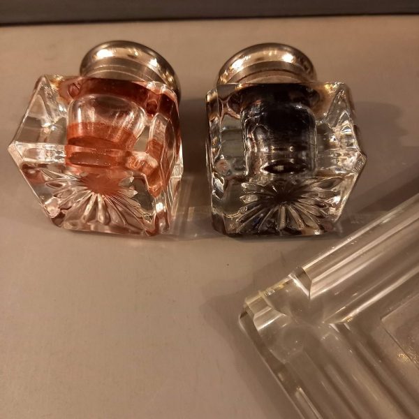 Double Encrier en Cristal Taillé Bague et capuchon, métal chromé