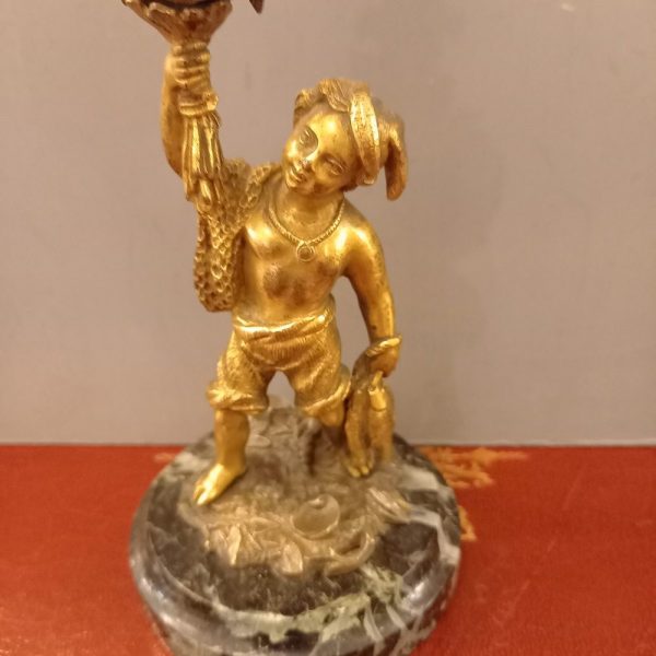Porte-Montre XIXè, Bronze Sujet, Petit Pêcheur avec son filet