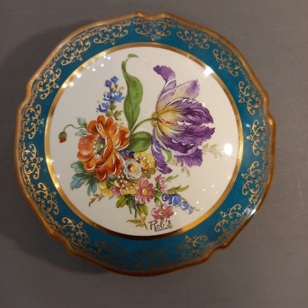 Bonbonnière Porcelaine de Limoges Tons de vert-turquoise Décor de fleurs Peint à la main et signé