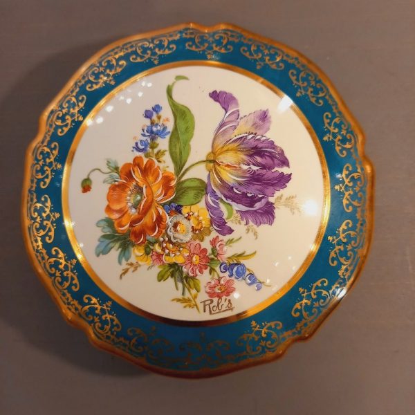 Bonbonnière Porcelaine de Limoges Tons de vert-turquoise Décor de fleurs Peint à la main et signé