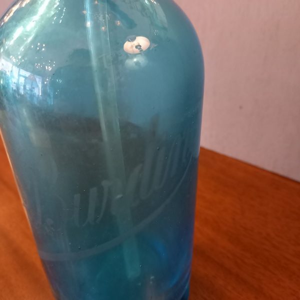 Ancienne bouteille siphon eau de Seltz Verre soufflé bleu Gravé Dupuy Toulouse