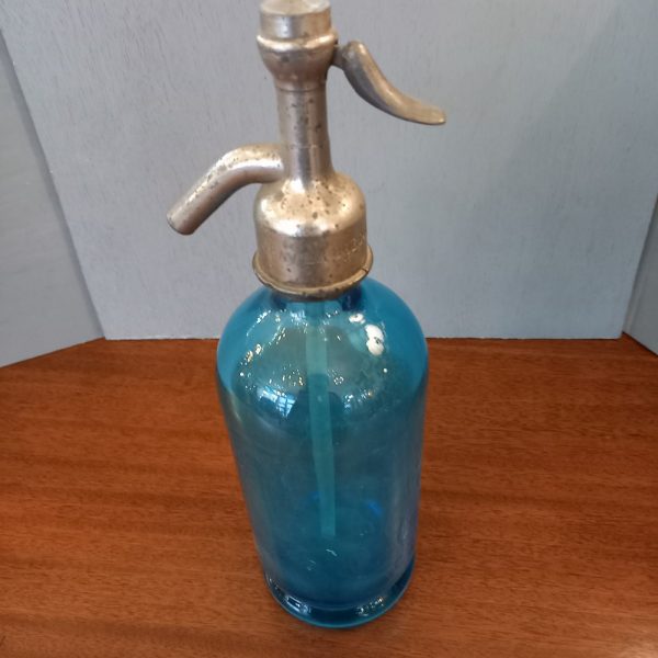 Ancienne bouteille siphon eau de Seltz Verre soufflé bleu Gravé Dupuy Toulouse