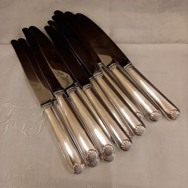 12 Couteaux Manche métal argenté, Lame en acier inoxydable Décor Coquille