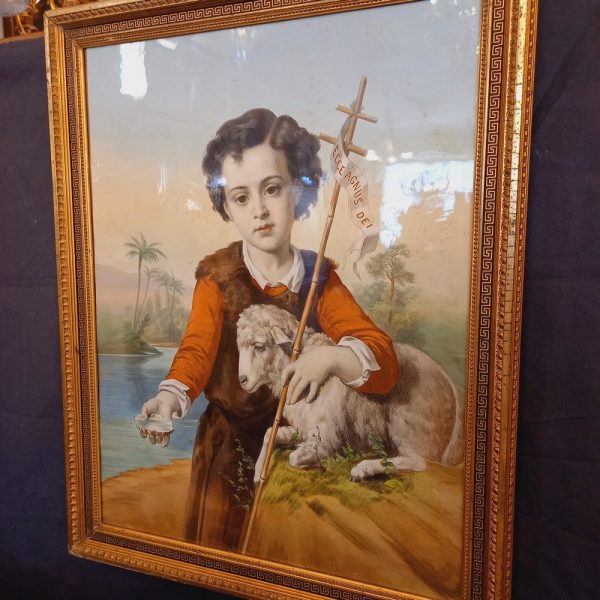 Le Bon Pasteur Lithographie en couleur Sujet religieux Cadre ancien doré