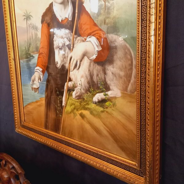 Le Bon Pasteur Lithographie en couleur Sujet religieux Cadre ancien doré