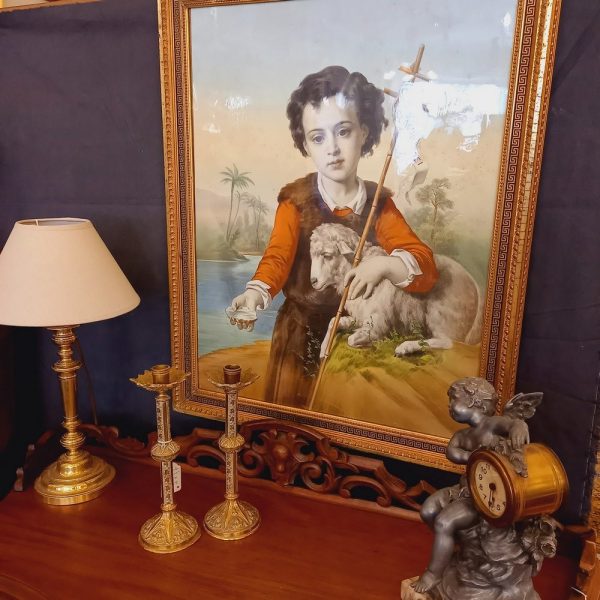 Le Bon Pasteur Lithographie en couleur Sujet religieux Cadre ancien doré