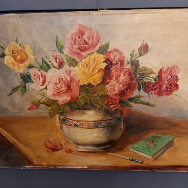 Huile sur toile Bouquet de roses Tons Pastel Signée B.Téchéré