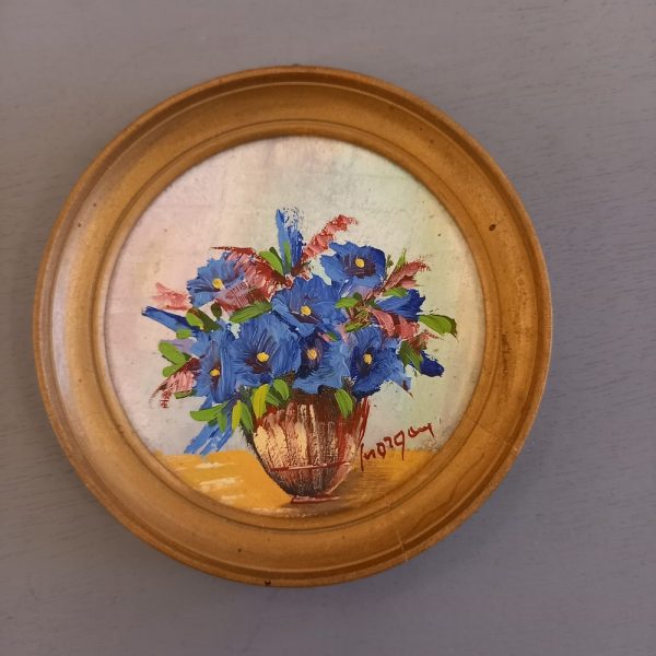 Bouquet de fleurs signé Petit Cadre rond Peinture à l'huile sur panneau années 40