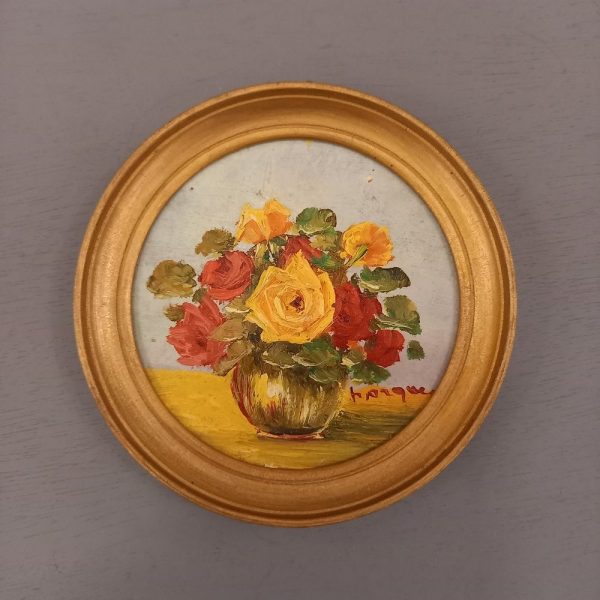 Bouquet de roses signé Petit Cadre rond Peinture à l'huile sur panneau années 40