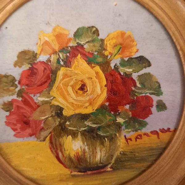 Bouquet de roses signé Petit Cadre rond Peinture à l'huile sur panneau années 40