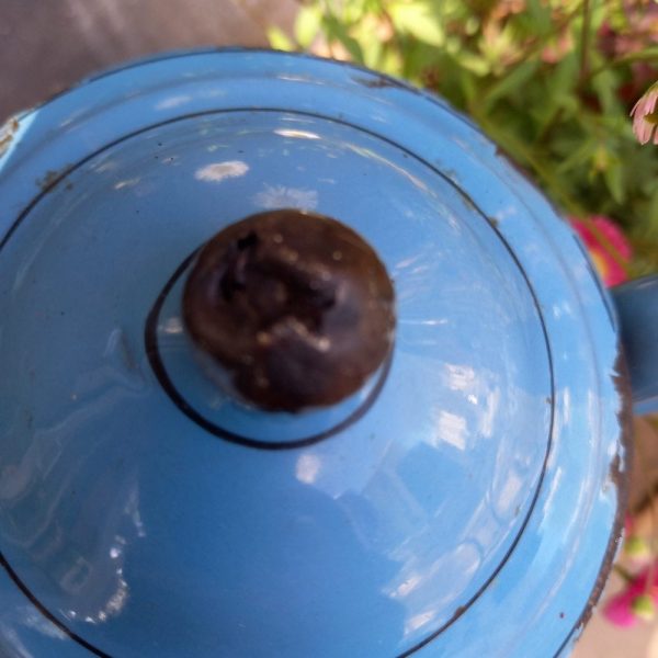 Verseuse ou Cafetière ancienne époque 1940 Tôle émaillé Damier bleu et blanc