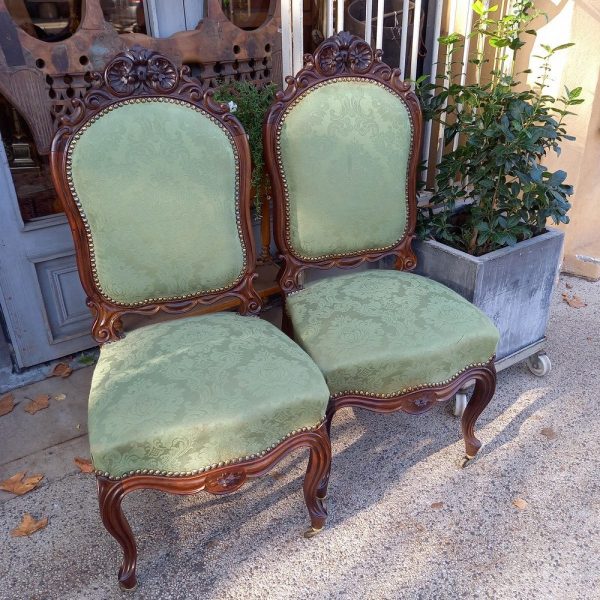 Paire de Chaises Napoléon III Palissandre, soie moirée Verte