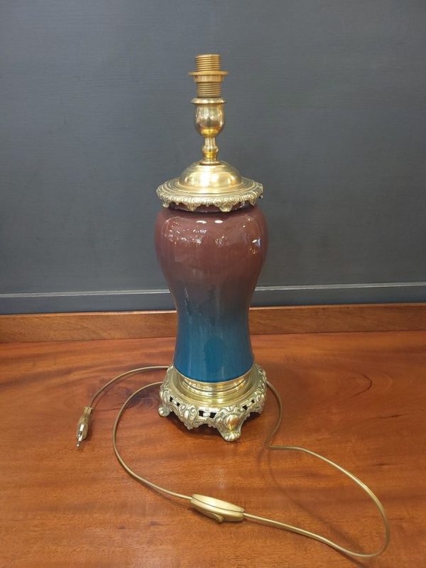 Paire de Grandes Lampes Bronze et Faïence bleues 