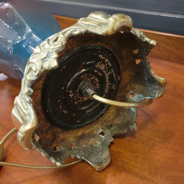 Paire de Grandes Lampes Bronze et Faïence bleues 