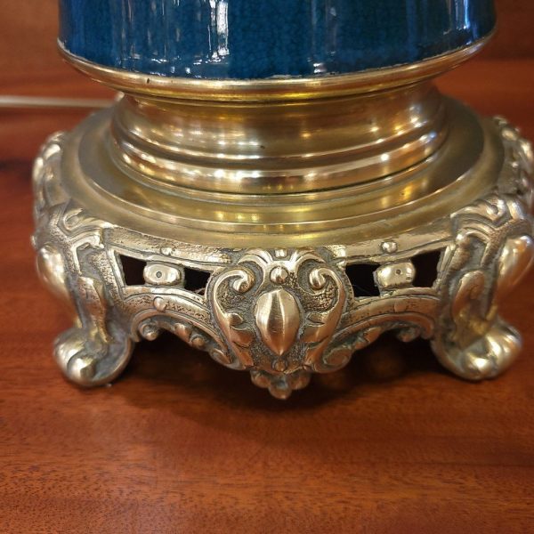 Paire de Grandes Lampes Bronze et Faïence bleues 