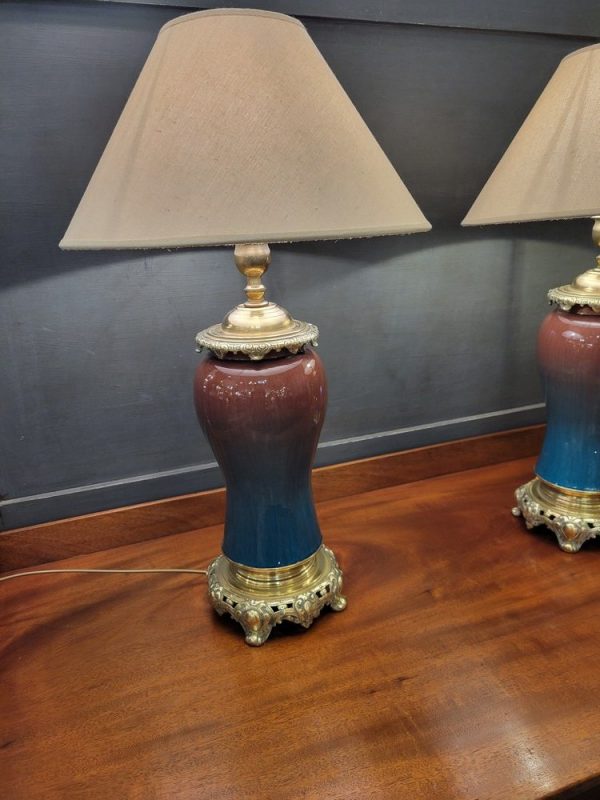 Paire de Grandes Lampes Bronze et Faïence bleues 