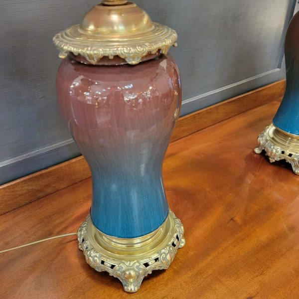 Paire de Grandes Lampes Bronze et Faïence bleues 