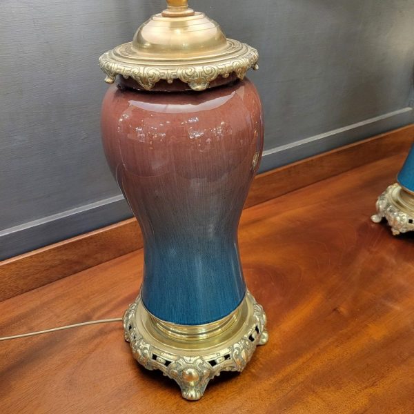 Paire de Grandes Lampes Bronze et Faïence bleues 