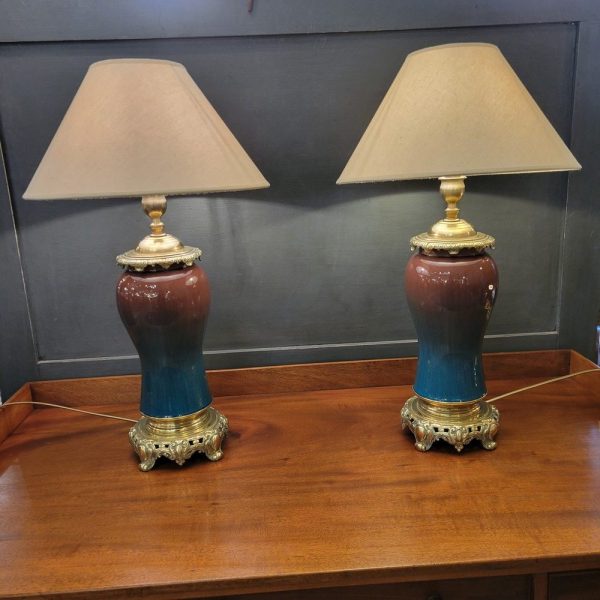 Paire de Grandes Lampes Bronze et Faïence bleues 