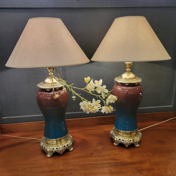Paire de Grandes Lampes Bronze et Faïence bleues 