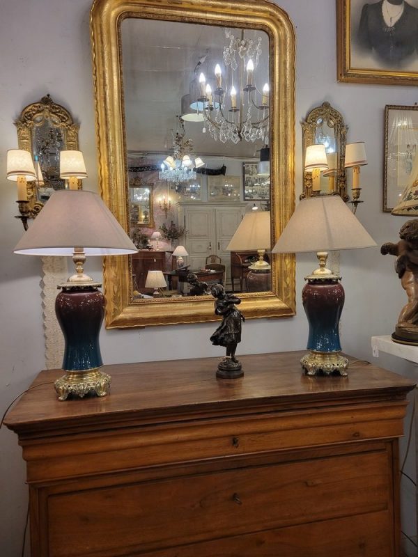 Grandes Lampes,Paire,Anciennes,Vintage,Faïence,brillantes,bleu,bronze