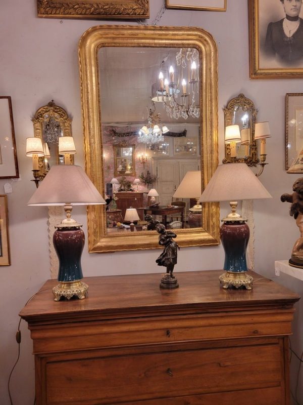 Grandes Lampes,Paire,Anciennes,Vintage,Faïence,brillantes,bleu,bronze