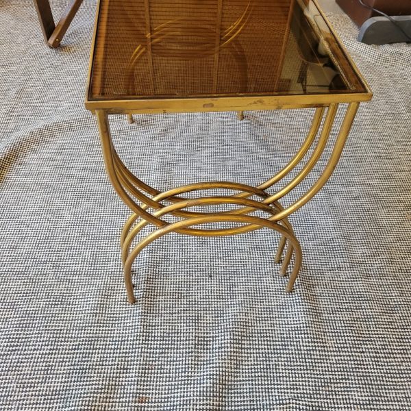 Tables Gigognes Basses Laiton et Verre Fumé Epoque 1970