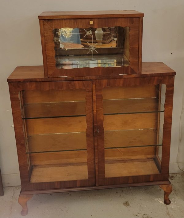 Meuble Vitrine Bar Vintage, Années 1950 Noyer, Verre Gravé et Miroir