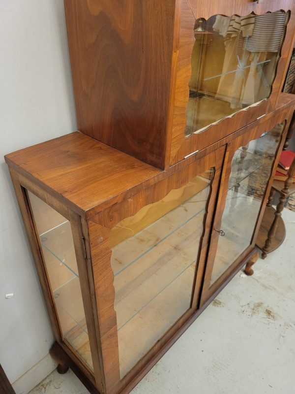 Meuble Vitrine Bar Vintage, Années 1950 Noyer, Verre Gravé et Miroir