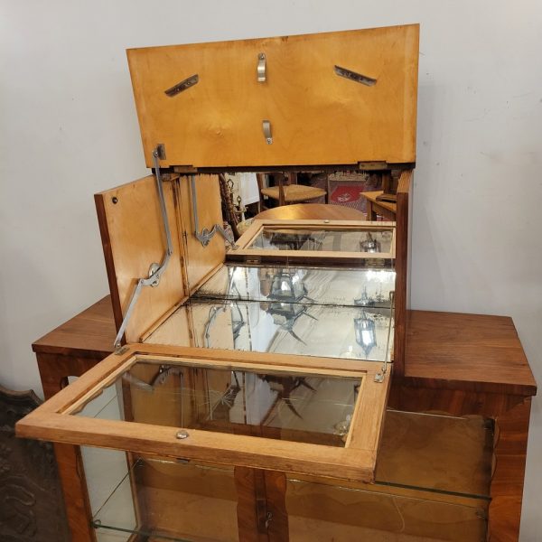 Meuble Vitrine Bar Vintage, Années 1950 Noyer, Verre Gravé et Miroir