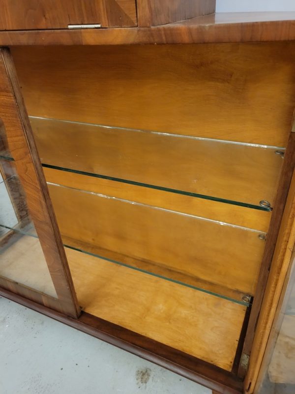Meuble Vitrine Bar Vintage, Années 1950 Noyer, Verre Gravé et Miroir