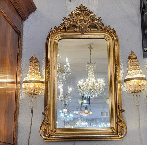 Miroir ancien Napoléon III Décor Coquille & Feuilles d'Acanthe Bois et Stuc Doré