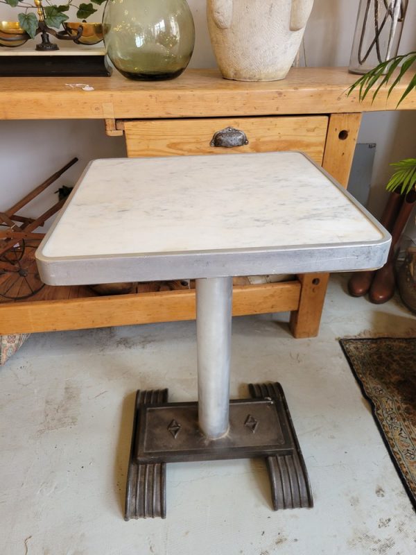 Table Bistrot Carrée Ancienne Marbre Blanc & Fonte