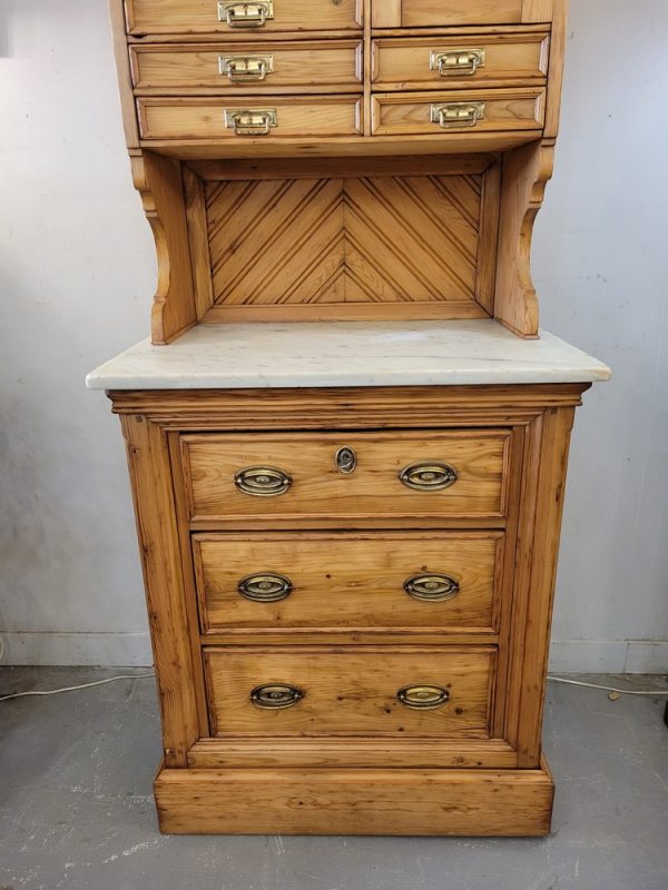 Meuble de Métier à Tiroirs Pin & Marbre Blanc Années 1900
