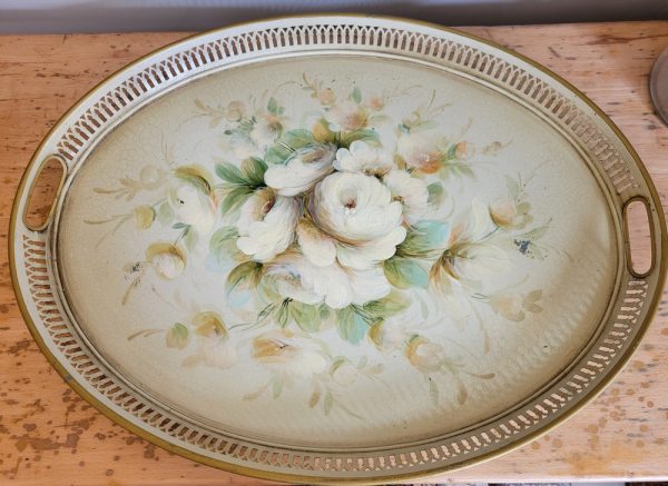 Grand Plateau Shabby Décor Floral Tôle peinte, Années 1950