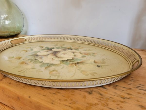 Grand Plateau Shabby Décor Floral Tôle peinte, Années 1950