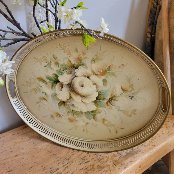 Grand Plateau Shabby Décor Floral Tôle peinte, Années 1950