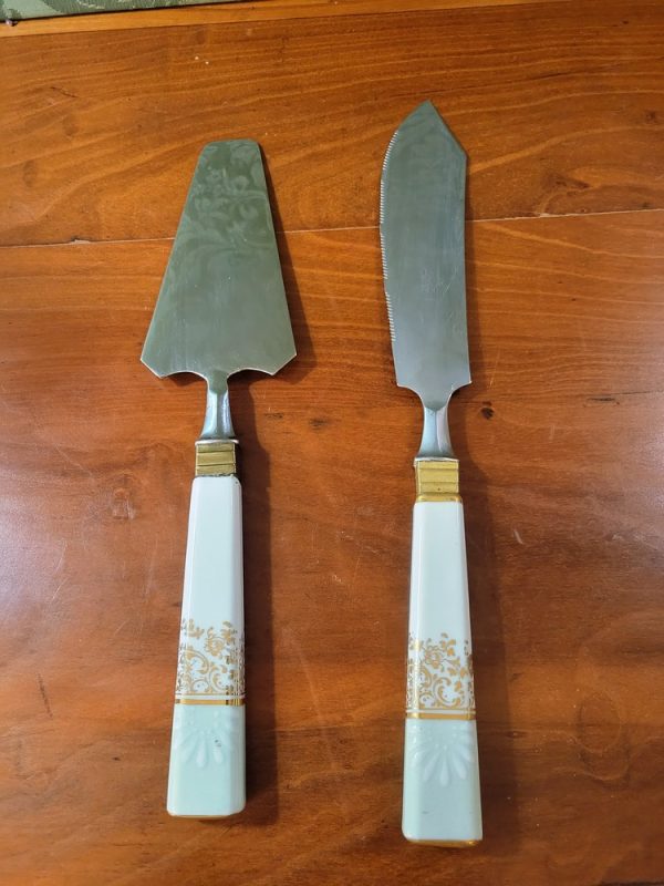 Service à Dessert Limoges, Vintage, Assiettes, Plats, Pelle et Couteaux à Gâteaux, vert Céladon
